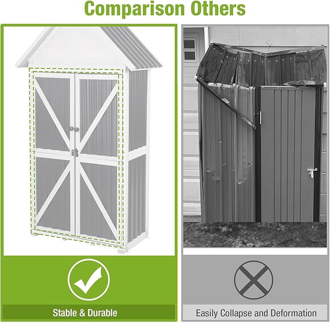 GUTINNEEN Outdoor Storage Shed with All Around Strong Metal Frame, Wooden Tool House with Floor & Adjustable Shelves, Garden Tool Sheds Cabinet for Backyard Garden Patio Lawn 67.1" H (Black＆White)