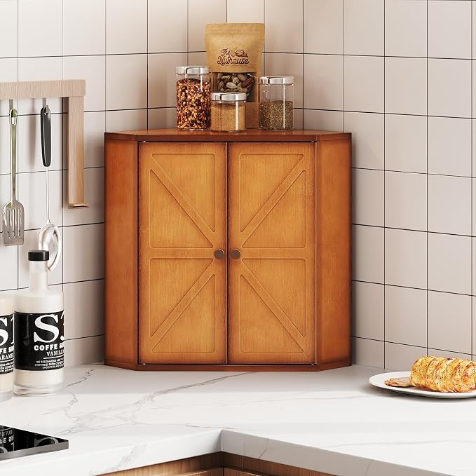 Trironsun Corner Bread Box for Kitchen Counter Double Layer Bamboo Bread Storage Container Large Capacity Bread Storage Bin Farmhouse Breadbox Organizer (Antique Brown)