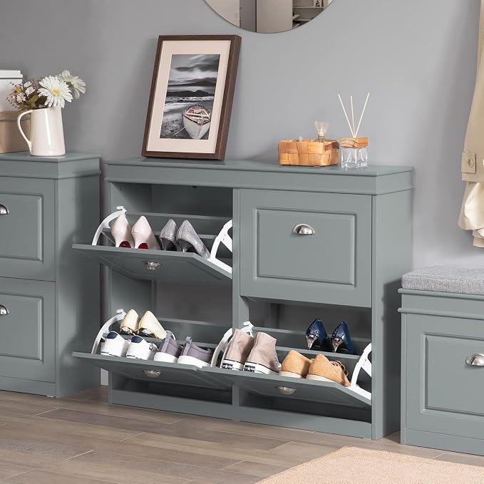 Haotian Shoe Storage Cabinet with 4 Flip Drawers | Freestanding Shoe Rack, Shoe Storage Cupboard Organizer for Entryway(FSR79-HG, Grey)
