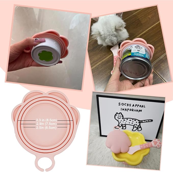 SJANE 4 Pcs Cat Food Can Spoon & Can Covers | Cute Paw Silicone Pet Food Opener Spatula & Lids | Stainless Steel Wet Food Spoon for Cats and Dogs(Pink)