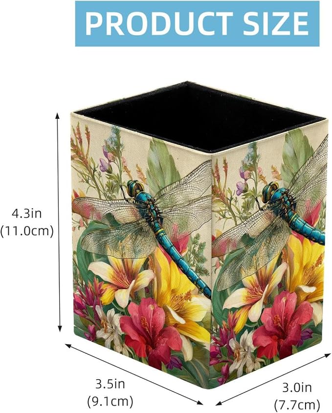 Retro Dragonfly Pen Holder for Desk Decor, Rectangular PVC Leather Pencil Cup for Desk Pen Organizer, Makeup Brush Holder for School, Home, Office