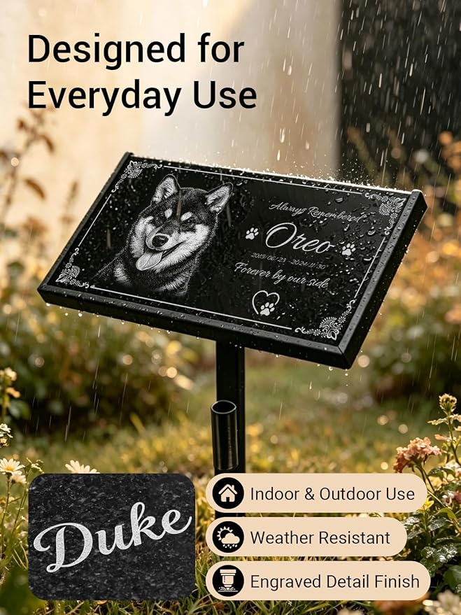 Personalized Pet Memorial Stone, Custom Engraved Black Granite Pet Headstone with Photo and Text, Customized Gifts for Dog Cat Pet Loss Remembrance
