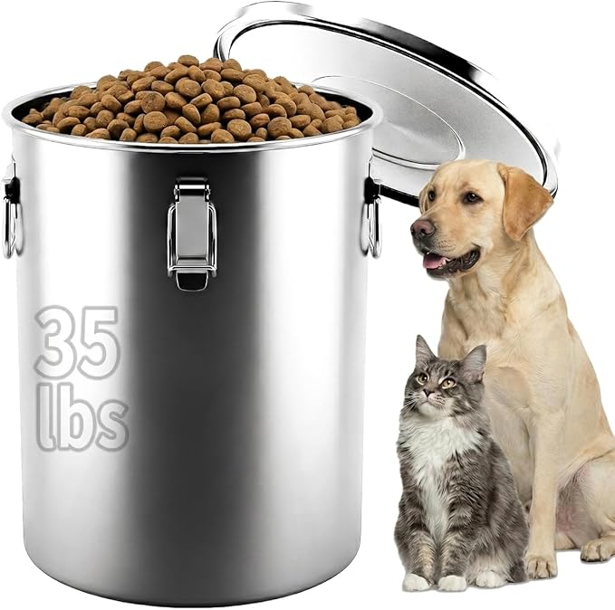 304 Stainless Steel Dog Food Storage Container, 35LB/40LB Airtight Pet Food Container with Locking Lid & Silicone Seal, Large Metal Food Storage Bin for Dry Dog/Cat Food, Rice, Flour (35 LBS)