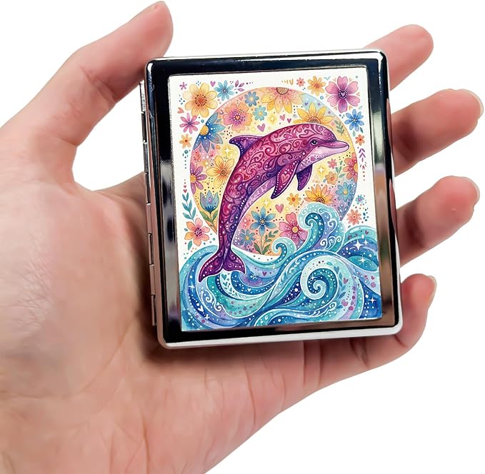 Weekly Pill Organizer, Metal Pill Box with 8 Compartments, Small Travel Pill Case for Purse Pocket, Medicine Vitamin Supplement Organizer (Dolphin Bloom)