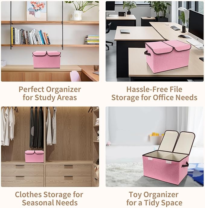 Foldable Fabric Storage Box, 16.5 x 11.8 x 9.8 inches (L x W x H), with Double-Lid & Dividers, Large Organizer for Home, Closet, Office(Pink)