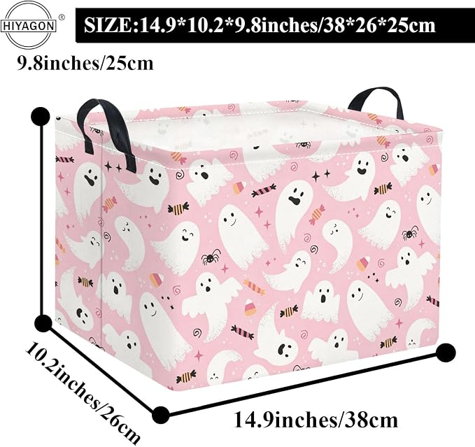 Rectangular Halloween Basket for Boys and Girls Kids Trick or Treat Pumpkin Basket for Halloween Parties Cute Storage Bin Organizer Box Room Decor(Pink Halloween)