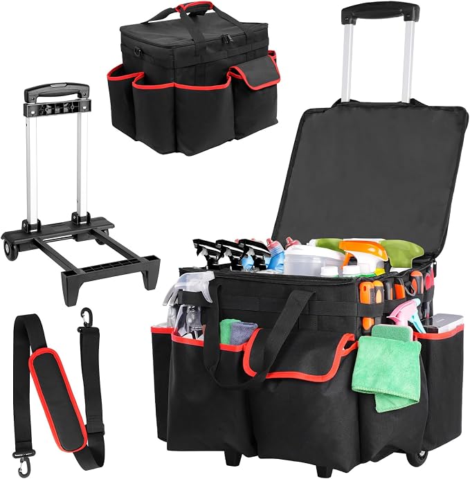 Large DIY Rolling Cleaning Caddy Bag, Cleaning Caddy with Wheels | Wear-Resistant & Waterproof 900D Oxford Cleaner Supplies Organizer for Housekeepers, Kitchen, Home, Office, Tool Storage