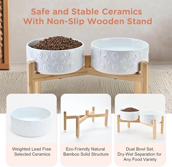 SPUNKYJUNKY Elevated Dog Bowls Ceramic, 7.3'' Dogs Food Water Bowls Raised with Non-Slip Bamboo Stand for Medium to Large Sized Breed Microwave Dishwasher Safe - 42 OZ,Skull White