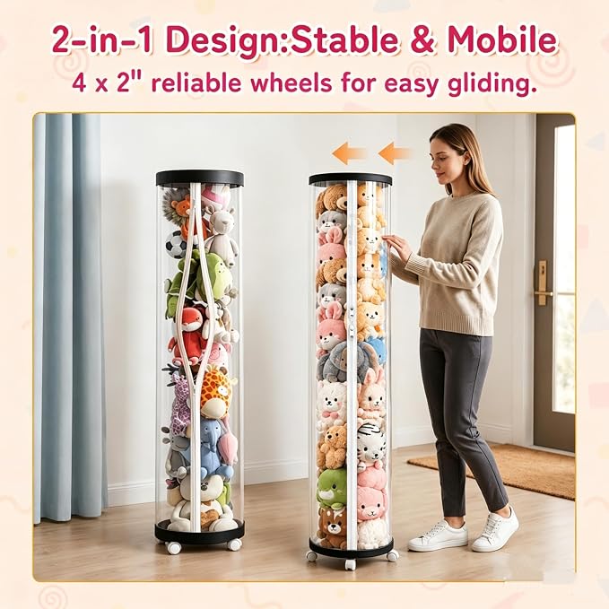 Large Stuffed Animal Storage Tube with Wheels, Tall Toy Organizer with Double Zipper, WhiteClear PET Cylinder Container for Plush Toy Organization, Space Saving Kids Room Storage,Black