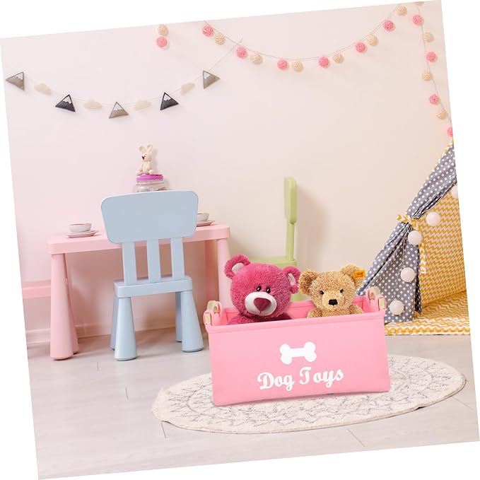 INOOMP Pink Felt Pet Organizer Basket with Wooden Handle Large Dog Storage Bin for Home and Utility Lightweight and Portable Container for Pet Accessories