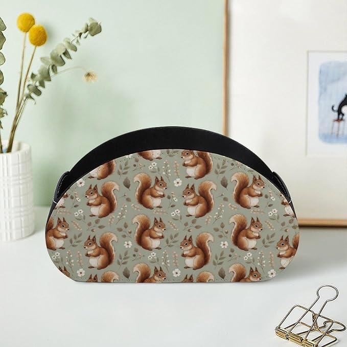 Pu Leather Remote Control Holder Box Squirrel Floral Desk Storage Caddy | with 5 Compartments, Squirrel Floral Office Supplies Table Decor for Media Player, Stationery, Makeup Brush