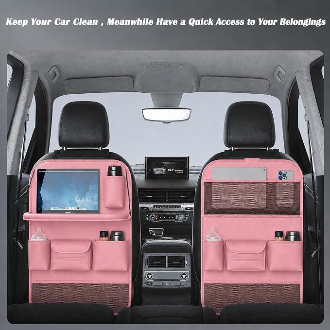 2 Pack Leather Car Backseat Organizer with Foldable Table Tray, Universal Car Seat Back Protector Kick Mat with Touchscreen Tablet Holder, Storage Pockets, Cup Holders & Tissue Holder, Pink