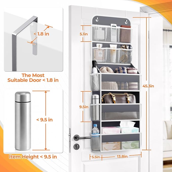 SpaceHacks 5-Tier Over the Door Organizer with Mesh Pockets, Dark Grey | 6 mesh pockets, 3 compartments, adjustable hooks, fits most doors, nursery, closet, bathroom, closet and nursery storage