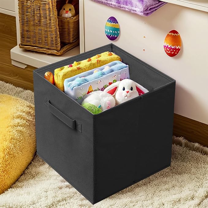 PowerKing Collapsible Storage Cubes, Farbic Storage Bins, Black, 6 Pack | Sturdy, Lightweight, Easy Pull Handle, Closet & Shelf Organizer, Clothes and Toys Storage, 10.5'' x 11'' x 10.5''