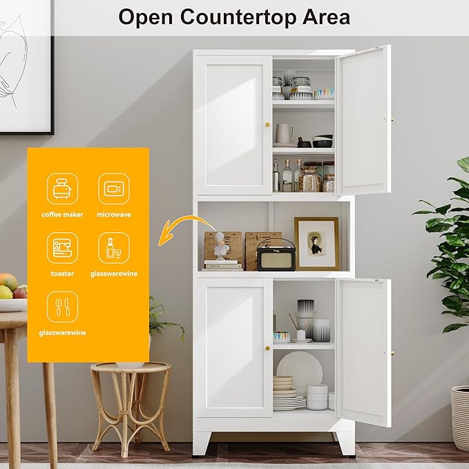 YAUWOH 69" Tall Metal Kitchen Pantry Cabinet with Microwave Shelf, 4 Doors & 3 Adjustable Shelves, Heavy Duty Food Storage Cabinet with Anti-Tip Design for Kitchen,Dining Room (1PC,White)