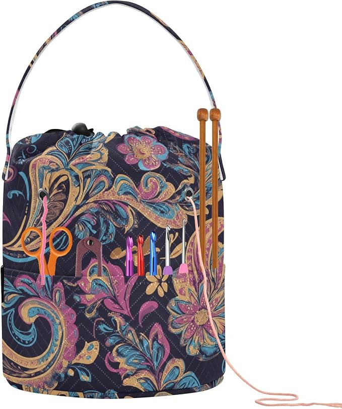 Fustylead Beautiful Pink Blue Paisley Floral Pattern Knitting Yarn Storage Tote Basket, Durable Polyester Large Crochet Drawstring Bag for Crocheting Project, Sewing Supplies, Needles
