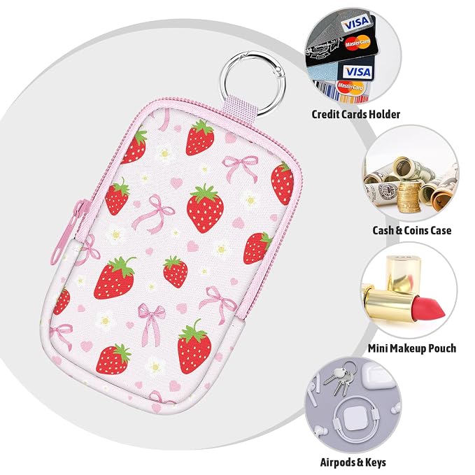 Hand Sanitizer Holder, Strawberry Bow Spray Case Zippered Pouch | Keychain, Travel Size, Cute Fashion Accessory with Snap Hook, for Glow Mist and Power Mist 1FL OZ, Mini Small Pocket Clip on