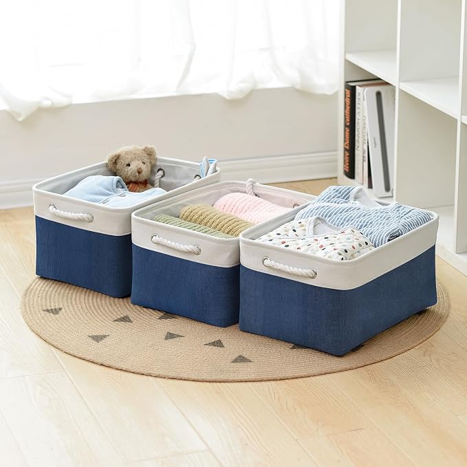 Collapsible Storage Bin for Shelves - Large 3 Pack 16x12x8 inch Storage Basket for Organizing with Handles, Canves Storage Box for Organizer Toy Closet Cloth Gift (White & Jean Blue)