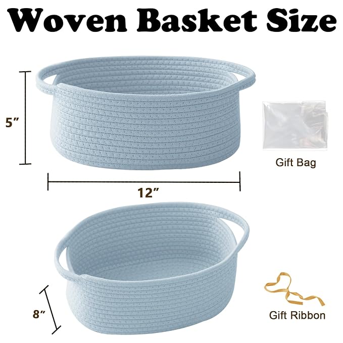 Blue Woven Rope Basket - Baby Gift Basket with Bag & Ribbon | Cotton rope with handle, 12x8x5 in, gift bag and ribbon, for baby shower, birthday, toy storage, nursery, shelf decor