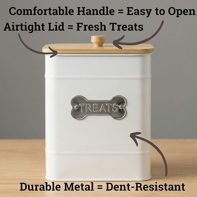 Dog Treat Container Airtight, 6"W x 8"H, Powder Coated, 12 Cup Capacity | Fits All Popular Treats, 12 Cup Capacity, Airtight Bamboo Lid, Easy Open Lid, Dent-Resistant Durable Metal