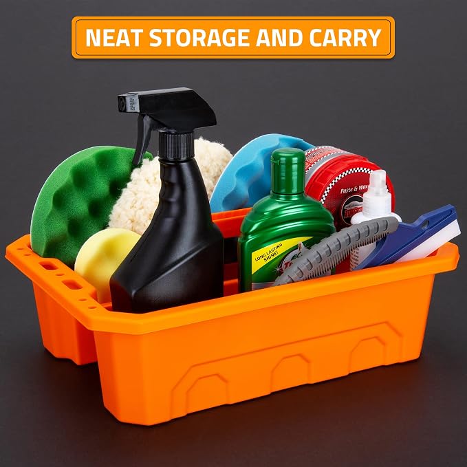 CANOPUS Storage Tray Tote with Functional Holes - 2 PCs Plastic Cleaning Caddy with Handle, Portable Caddy, Undersink Storage for Kitchen, Shoe Cleaning Box, Products Organizer, Orange