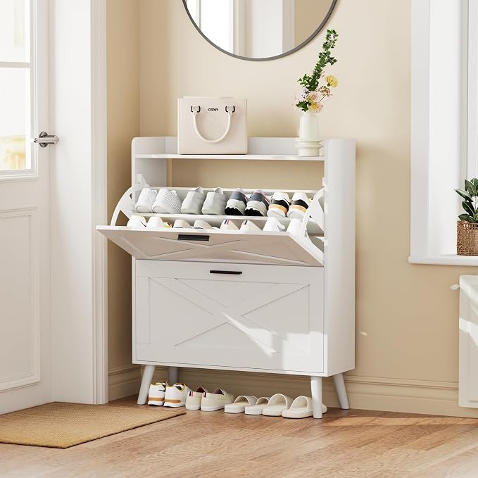 Homleke Farmhouse Shoe Storage Cabinet with Flip Drawers & Barn Door Design | Slim Narrow Shoe Rack Cabinet with Adjustable Shelves & Hidden Storage for Entryway, Foyer, Hallway, Living Room, White