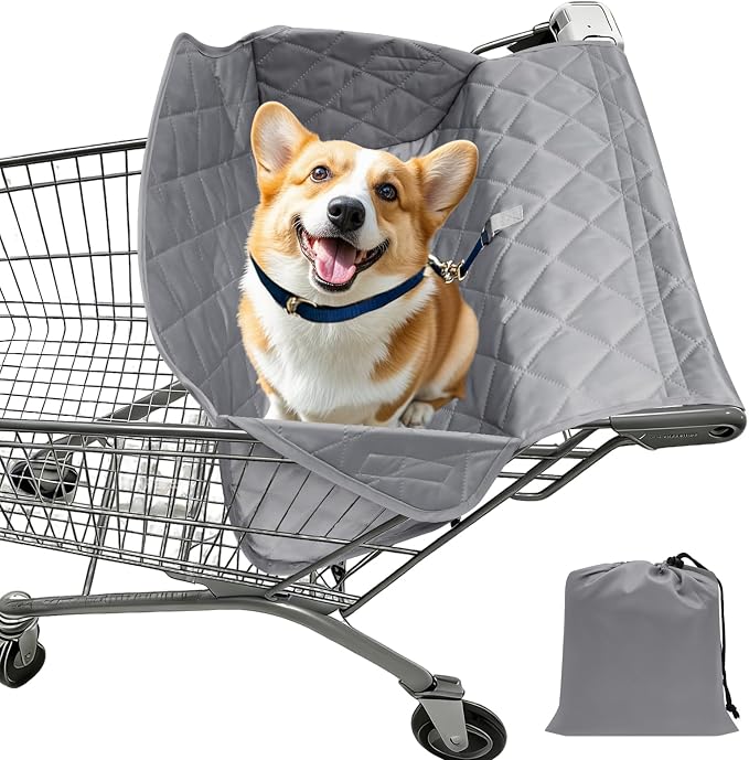 Portable Dogs Shopping Cart Cover Quilting Dog Grocery Cart Cover with Storage Bag, Soft Comfort Cushioning, Secured with Hook and Loop, Universal Size, Machine Washable for Pet Dog