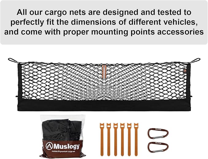 Muslogy Cargo Net for 2021+ Chevy Suburban Tahoe, Yukon&Yukon XL, Escalade | Custom Fit, Trunk Storage Organizer Net for SUV Sedan Van Divider, with Heavy Duty Carabiners, Night Visible Grab Handle