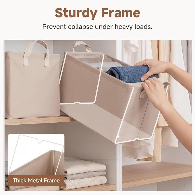 StorageWorks Fabric Storage Bins, Closet Bins, Light Brown, 2-Pack | With PU Handles, Wrinkle-Resistant Cottlyn Fabric, Foldable, For Bedroom, Bathroom, Laundry, Holds Clothes, Towels, Blankets