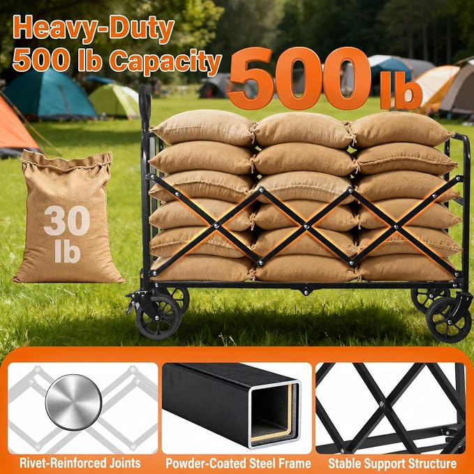 Wagons Carts Foldable, 500 lb 220L Collapsible Wagon with Brakes | Heavy folding wagon for groceries, camping, beach, outdoor hauling; large storage, brake control and compact folding design