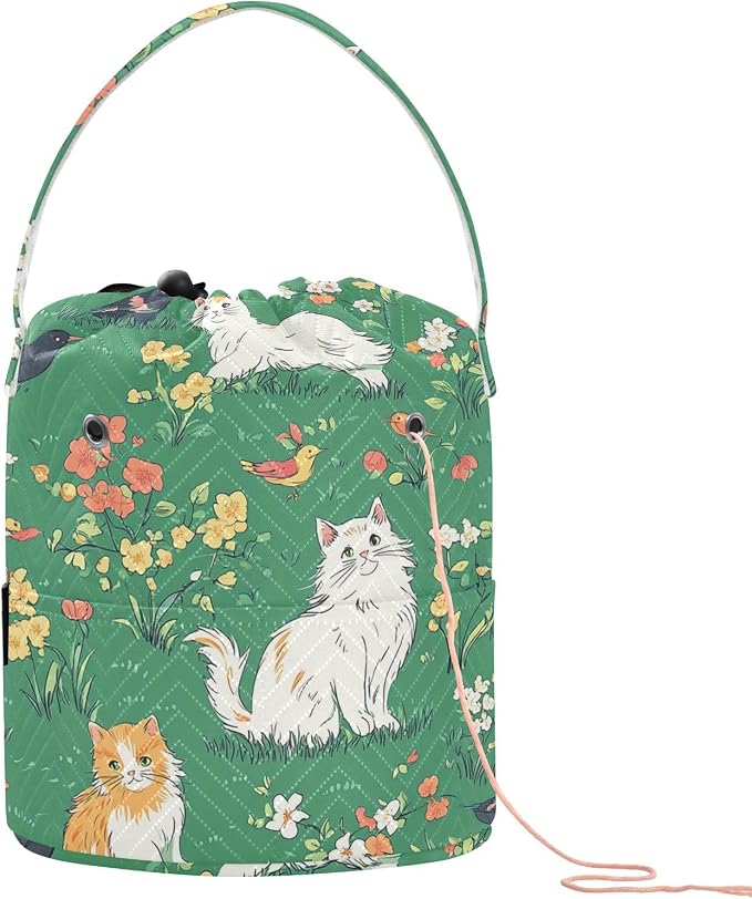 Tatenale Crochet Bag Yarn Bag Knitting Project Bag with Pockets and Handle Portable Yarn Storage Organizer Tangle Free 8.3x11 InchGreen Persian Cat and Hummingbird in Spring39