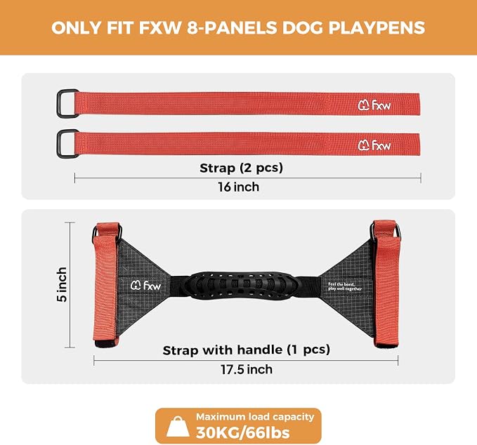 FXW Easy Carry Straps for Dog Playpen, Designed for RV Trips, Orange | For 8 Panels Playpen, Comfortable Grip, Patent Pending, Playpen Not Included