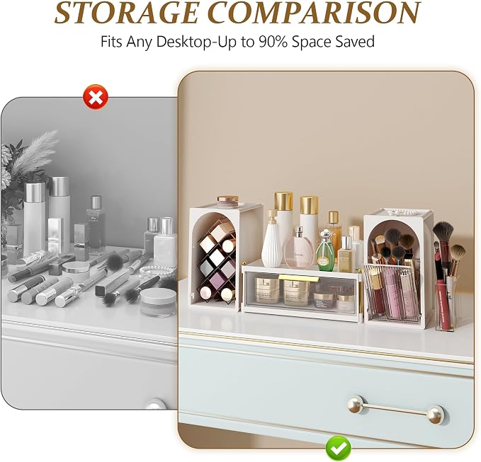FOLLOWIN Compact Makeup Organizer Set, Makeup Brush Organizer | Lipstick Holder with Grid, Flip Drawer, 2 Ways to Arrange, Milk White Bathroom Counter Organizer, Store Lipsticks, Brushes