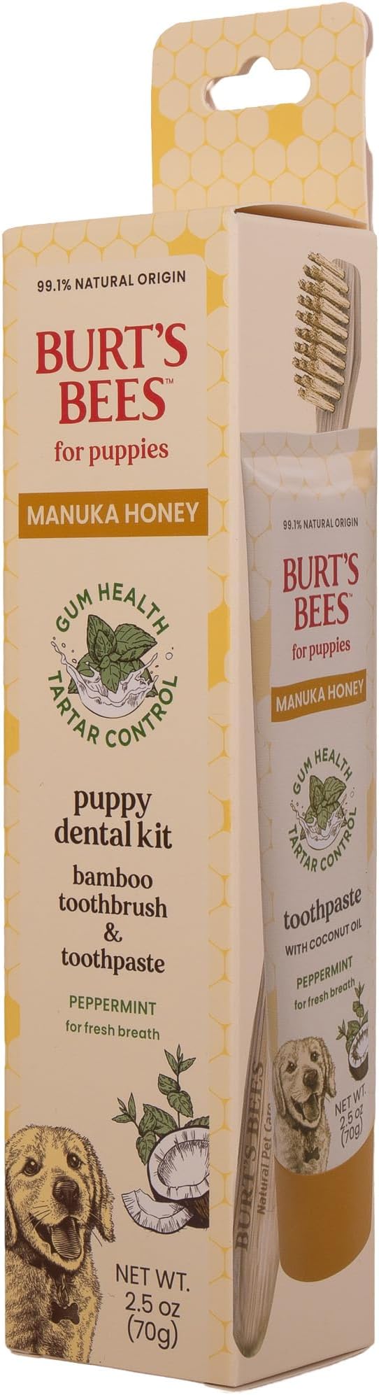 Burt's Bees for Pets Dental Kit for Puppies with Bamboo Toothbrush & Toothpaste with Manuka Honey & Coconut Oil for Gum Health & Tartar Control, 99.1% Natural Origin Formula, Peppermint, 2.5 oz