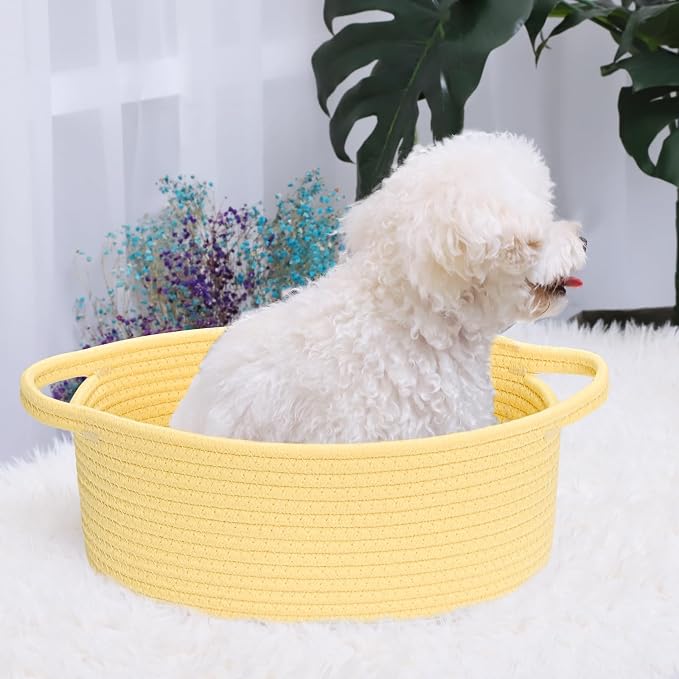 ABenkle Small Basket with Handles, Boho Decorative Rope Woven Dog Cat Toy Storage Bin Shelf Storage Organizer, Easter Christmas Gift Basket, 12"x8"x5"