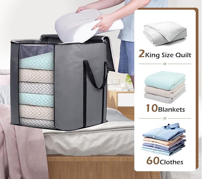SLEEPING LAMB 120L Extra Large Blanket Storage Bags Breathable Clothes Storage Containers for King Comforter Bedding Pillow Sheet, Grey, 2 Packs