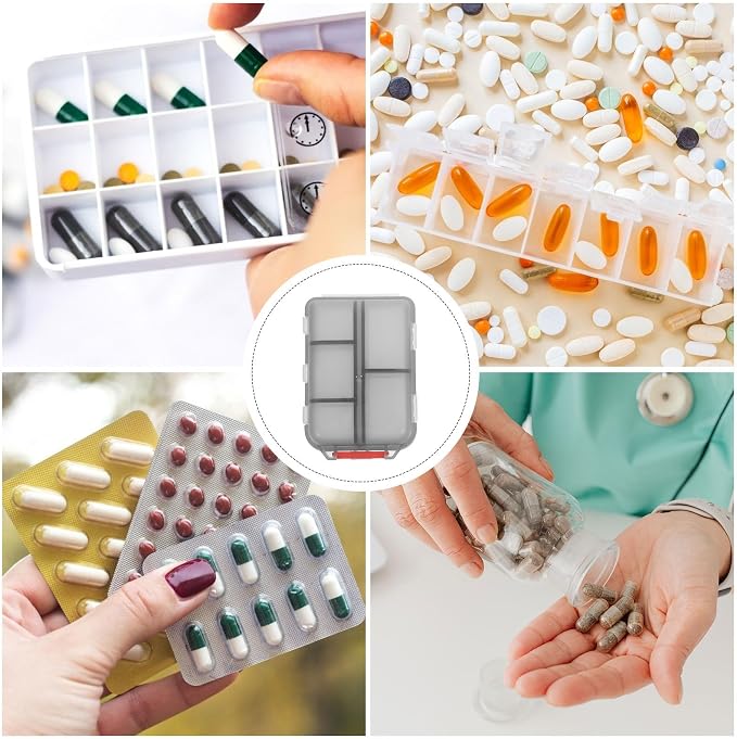 10-Compartment Portable Pill Organizer with 30 Sticker Labels, Small Travel Pill Case and Medication Storage, Compact Pocket Container for Purse Use