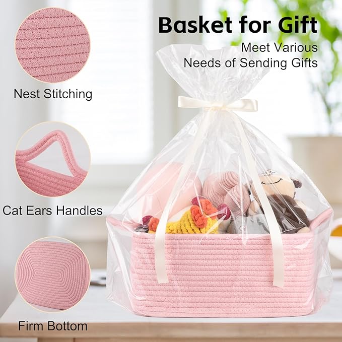 OIAHOMY Woven Basket, Gift Basket Empty with Gift Bags and Ribbons, Rope Baskets for Baby Showers, Storage Baskets with Handles for Nursery, Pet Toy Organizer - Pink