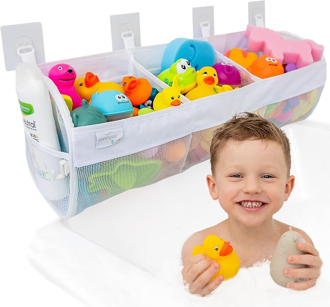 Large Bath Toy Organizer – 3 Compartment Bath Toy Holder for Bathtub & Shower – Quick-Dry Mesh with 4 Strong Adhesive Hooks – Kids Toys Storage Net for Bathroom, shower & Tub