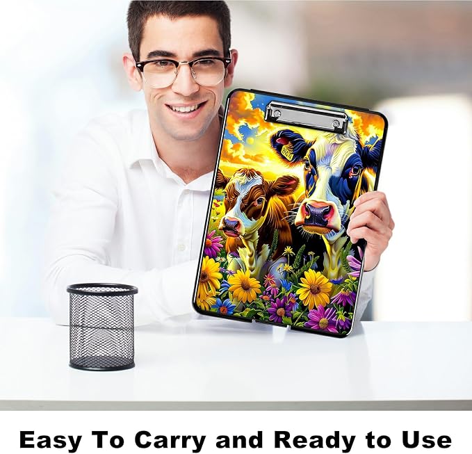 Purple Flower Cow A4 Clipboard with Storage Pen Holder, Clipboards Organizer Nursing Clipboard Foldable File Folder Plastic Clipboard Folio Clip Board for Office Students Classroom Doctor