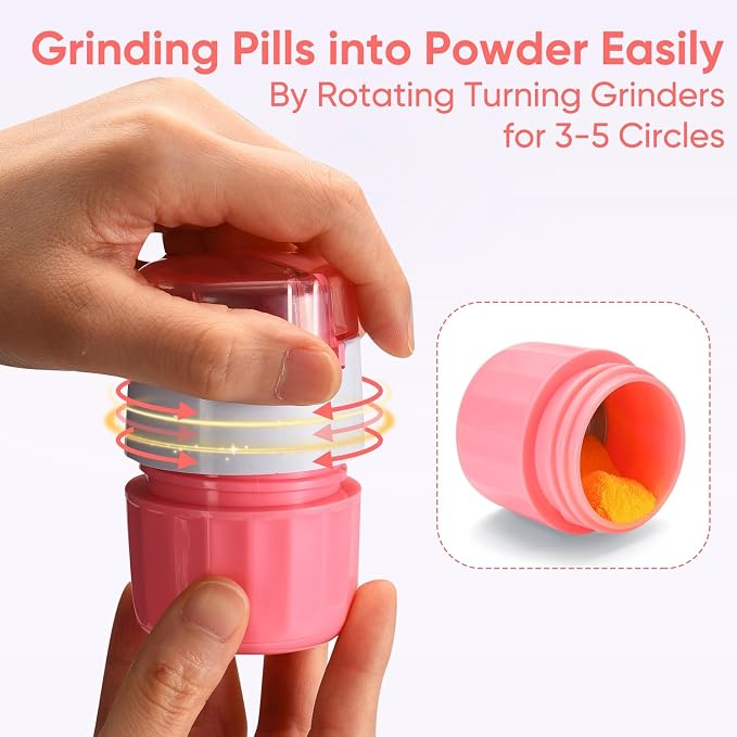 3-in-1 Pill Crusher and Cutter (Pink) | Pills Crusher Fine Powder with Stainless Steel Grinding Head, Storage for Tablets, Cutter Splitter for Small and Tiny Pills