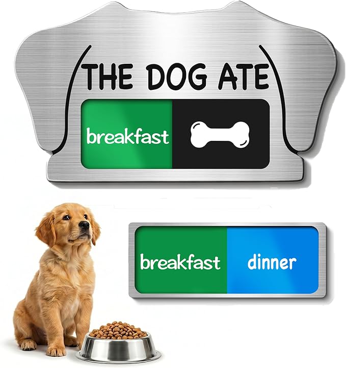 Dog Feeding Reminder Sign, Magnetic Pet Fed Schedule Chart with Slider, Breakfast & Dinner Tracker for Fridge, Prevent Overfeeding, Unique Dog Ear Shape Acrylic Sign, 5.5" x 3", Silver