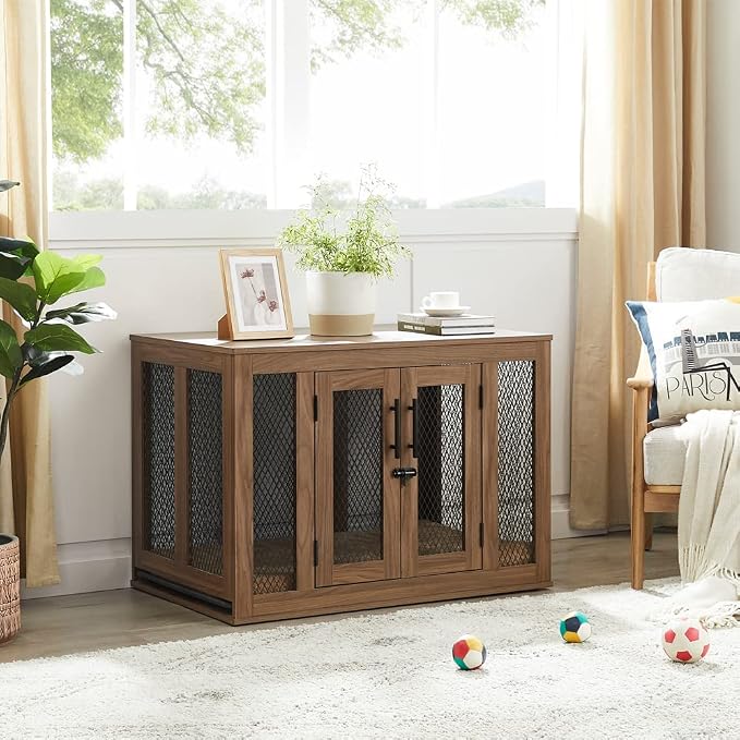 unipaws 37 Inch Furniture Style Dog Crate with Cushion and Tray | Mesh Dog Kennels with Double Doors, End Table Dog House, Medium Crate Indoor Use