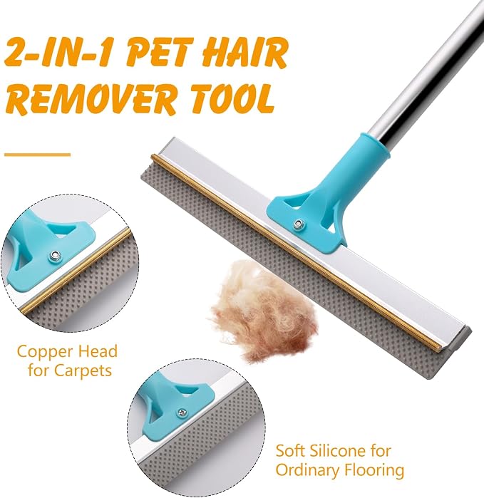 ondware 2-in-1 Carpet Rake for Pet Hair, 54" Adjustable Handle | Copper and rubber dual-head; reusable pet hair remover for rugs, couches, pet beds and most fabrics