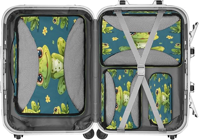 4 Set Packing Cubes for Travel, Frog Cute Animal Packing Cubes for Women, Travel Luggage Packing Organizers, Packing Cube Set, Cute Frogs Flower