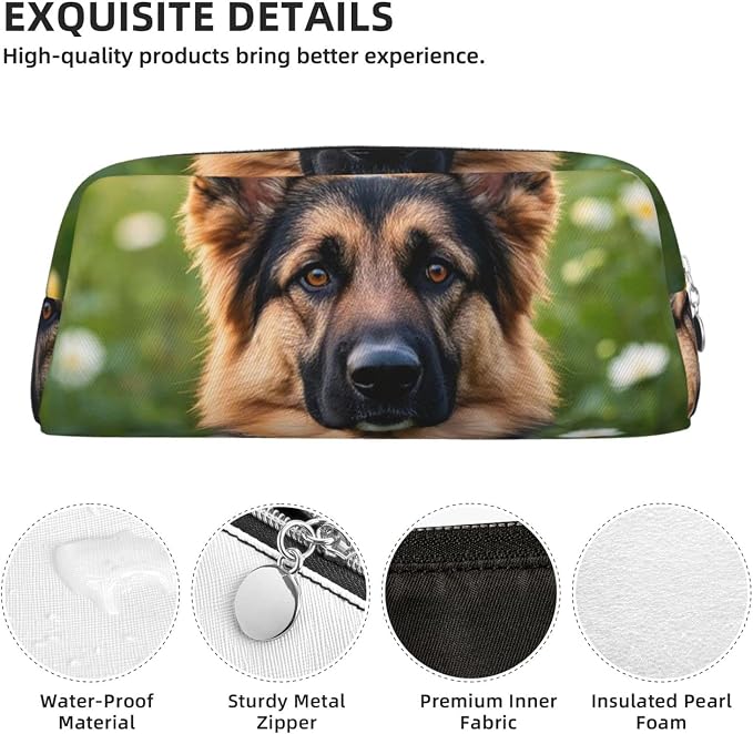 PU Leather Pencil Case Cosmetic Pencil Bags Makeup Pouch with Zipper | Cute Pet German Shepherd Dog Pen Pouch Portable Cosmetic Organizer Bag For Office Woman Man