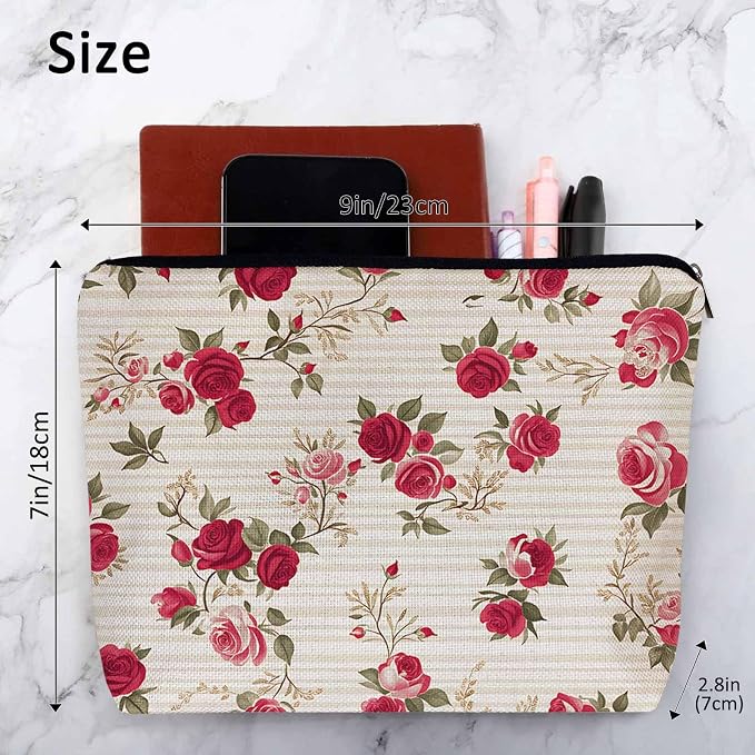 Makeup Bag For Purse Rose, Retro Floral Roses Red Cosmetic Bags For Women With Zipper Travel Toiletry Pouch Makeup Bags Makeup Organizers Purse For Toiletries Cosmetics