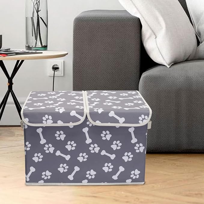 Pet Toy Storage Box with Lid Basket Organizer - Perfect Collapsible Bin for Living room, Playroom, Closet, Home Organization - Bone Paw
