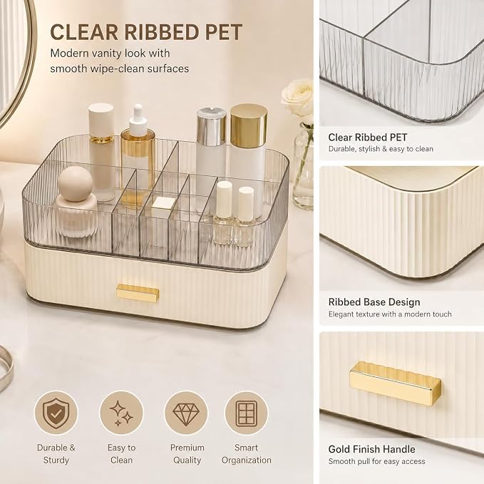 Makeup Organizer with Wide Drawer for Vanity, Stackable Cosmetic Organizer Countertop, Clear Skincare Storage for Bathroom Counter, Perfume, Lipstick, Brushes and Palettes, Cream White