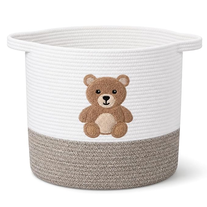 LemonRoad Teddy Bear Basket 14"x14", Baby Laundry Basket with Handles | Bear Hamper, Baby Storage Basket, Toy Organizer for Nursery, Woven Cotton Rope Blankets, Stuffed Animals Clothes for Kid Room